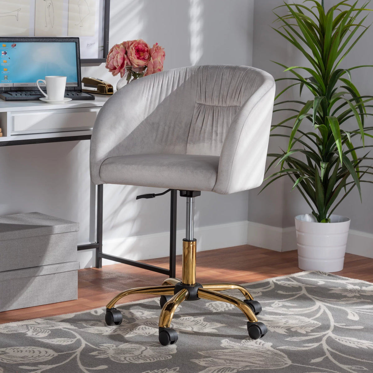 Grey Velvet Gold Metal Swivel Office Chair U239