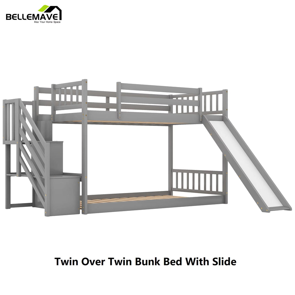 Gray Twin Over Twin Wooden Bunk Bed with Slide and Stairs H8807