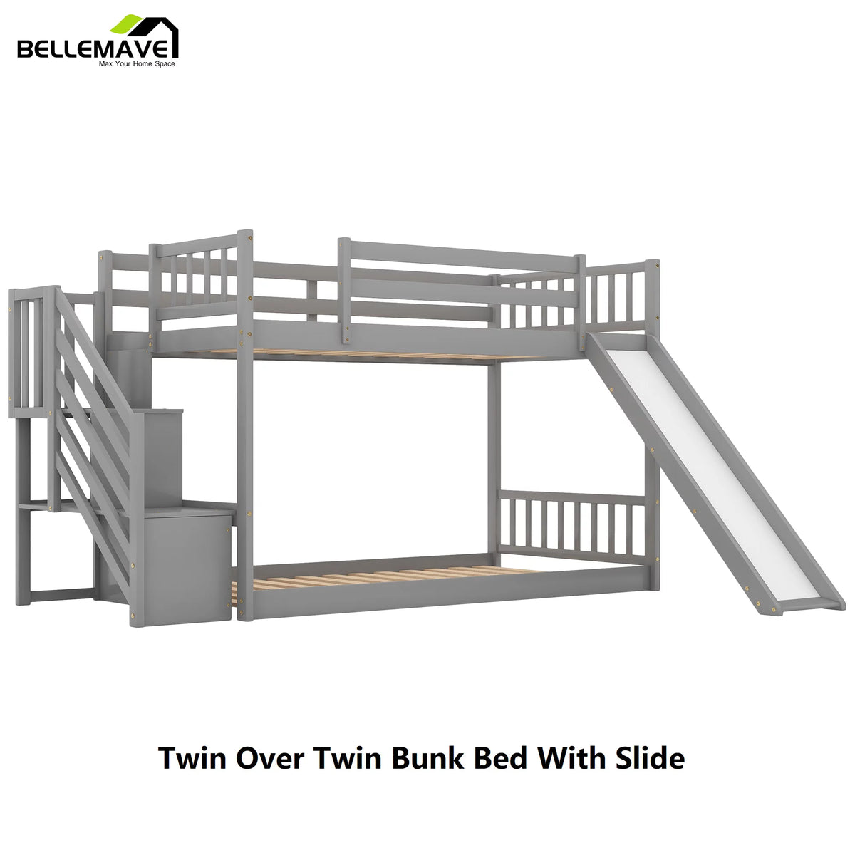 Gray Twin Over Twin Wooden Bunk Bed with Slide and Stairs H8807