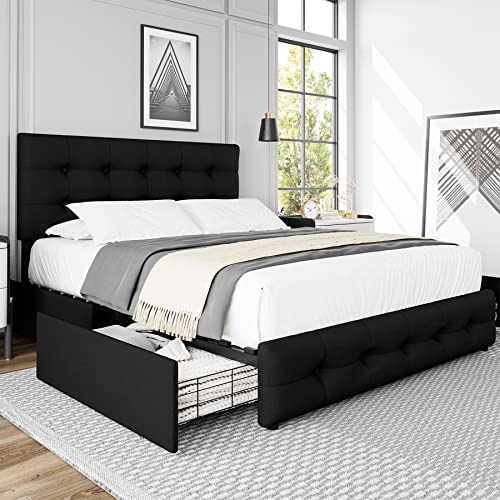 Black Queen Upholstered Platform Bed Frame with 4 Storage Drawers Z80694