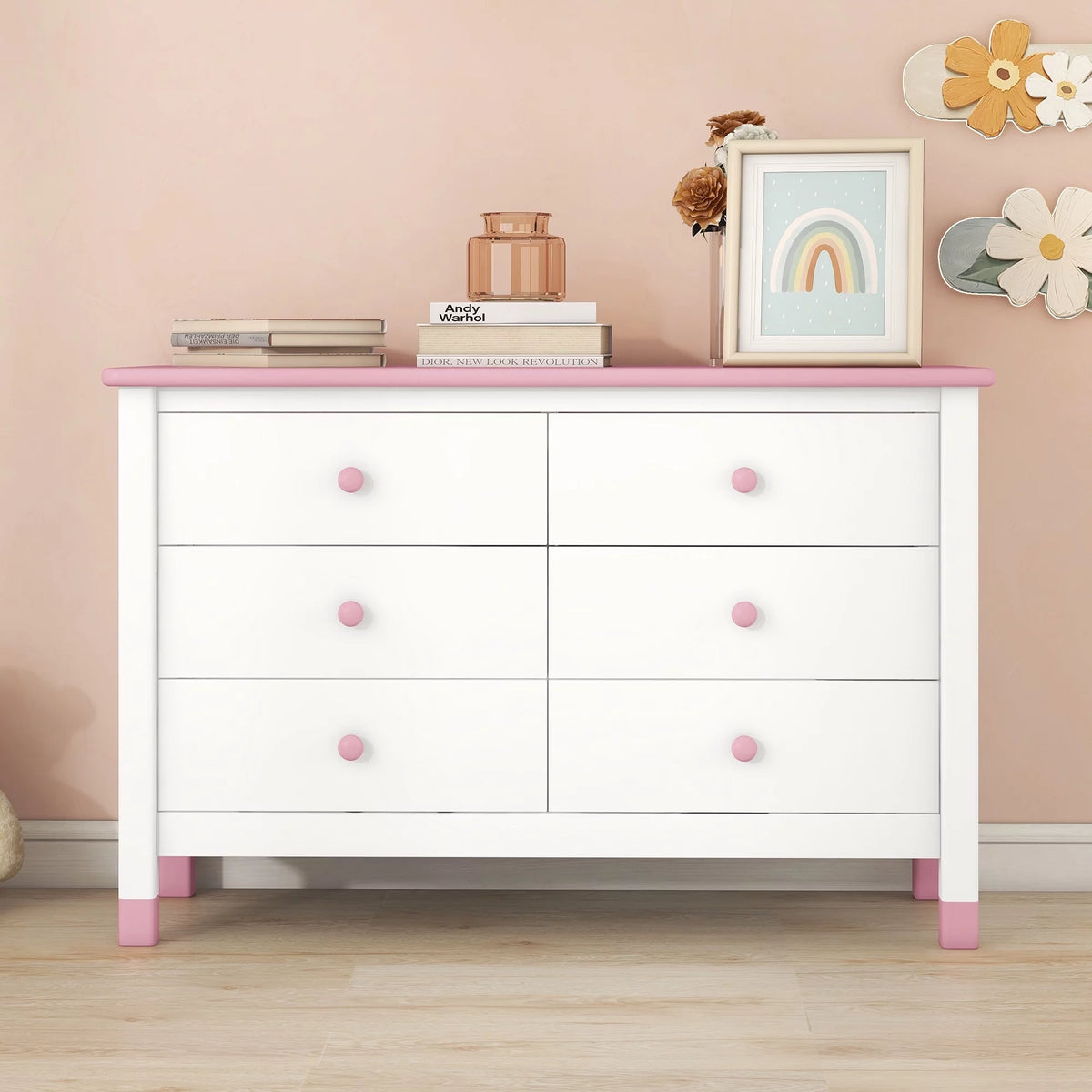 White Pink 6 Drawer Wooden Storage Dresser N529