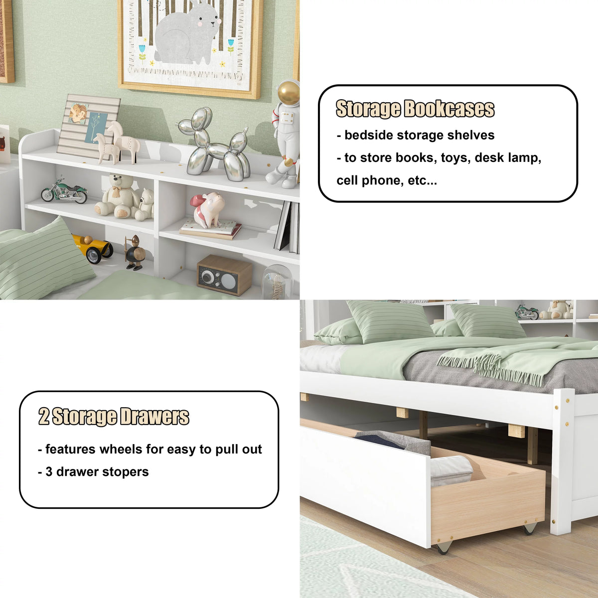 Full Size Platform Bed with Bookcases and Drawers Gray U13631