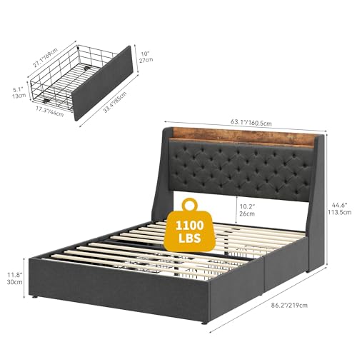 Queen Size Upholstered Platform Bed Frame with 4 Storage Drawers F3811