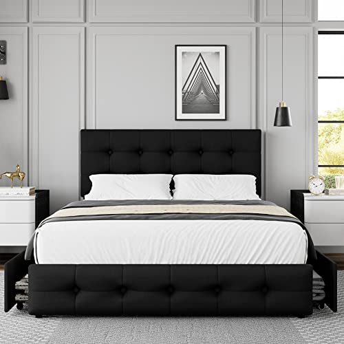 Black Queen Upholstered Platform Bed Frame with 4 Storage Drawers Z80694