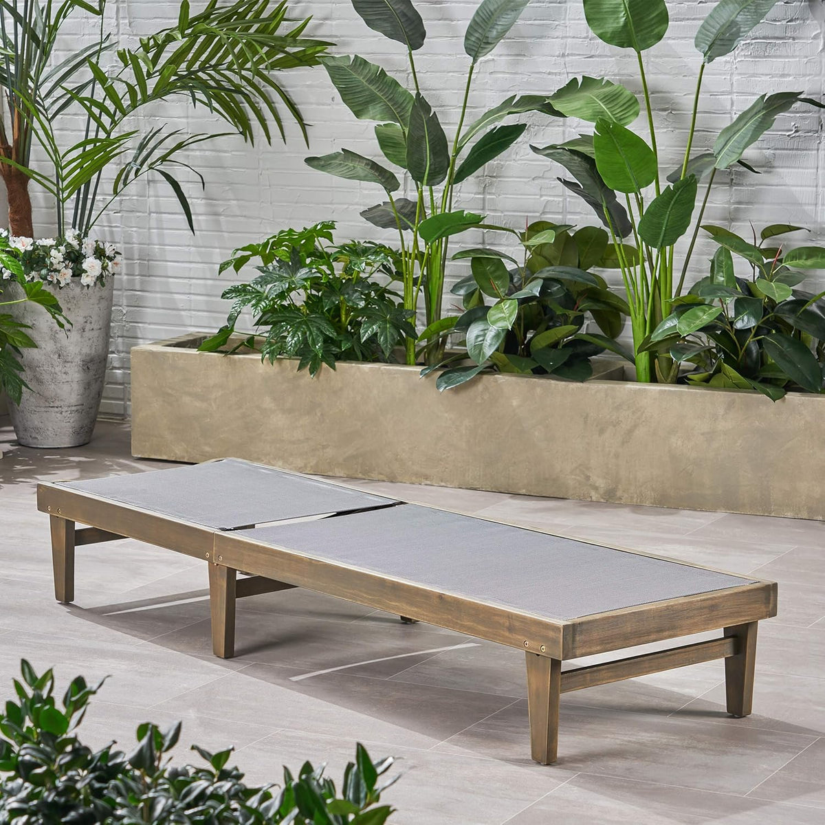 Outdoor Mesh Chaise Lounge with Acacia Wood Frame P178662