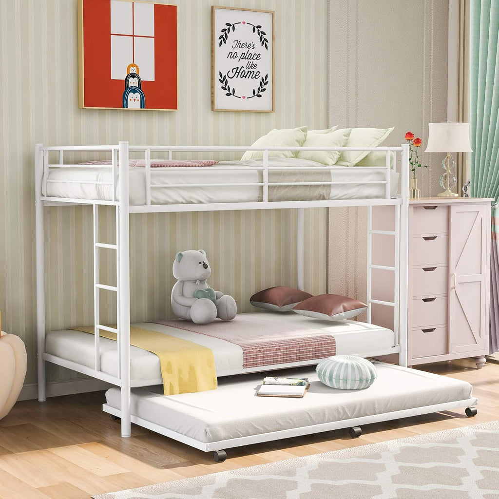 Twin Over Twin Metal Bunk Bed with Trundle and 2 Ladders K341991