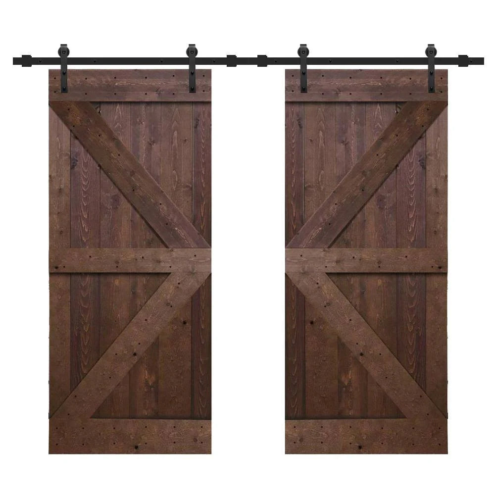 36 in. x 84 in. Walnut Stain Solid Knotty Pine Wood Double Interior Sliding Barn Doors with Hardware Kit M6717