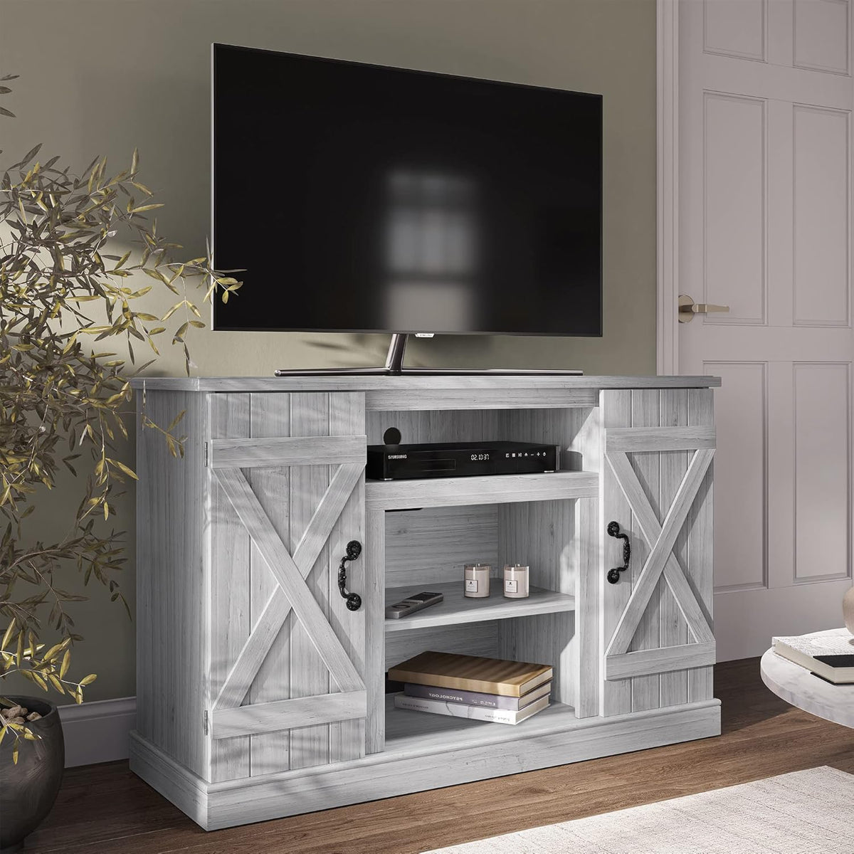 Industrial Electric Fireplace TV Stand with Open Storage Shelves L74166