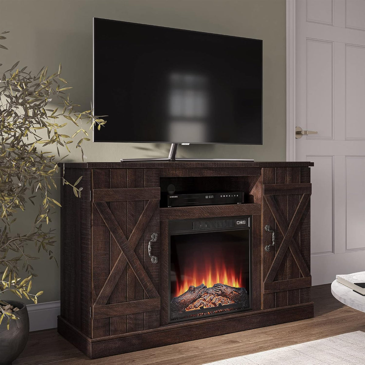 Industrial Electric Fireplace TV Stand with Open Storage Shelves L74166