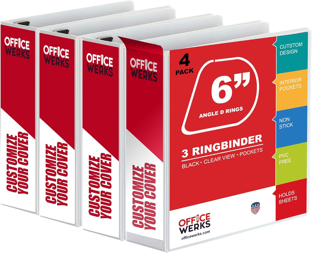 4 Pack 6 Inch Capacity D Ring Binder with Pockets White H422