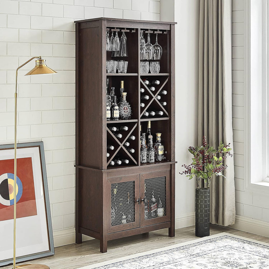 Mahogany Bar Cabinet Bookshelf with Wire Mesh Doors L4106