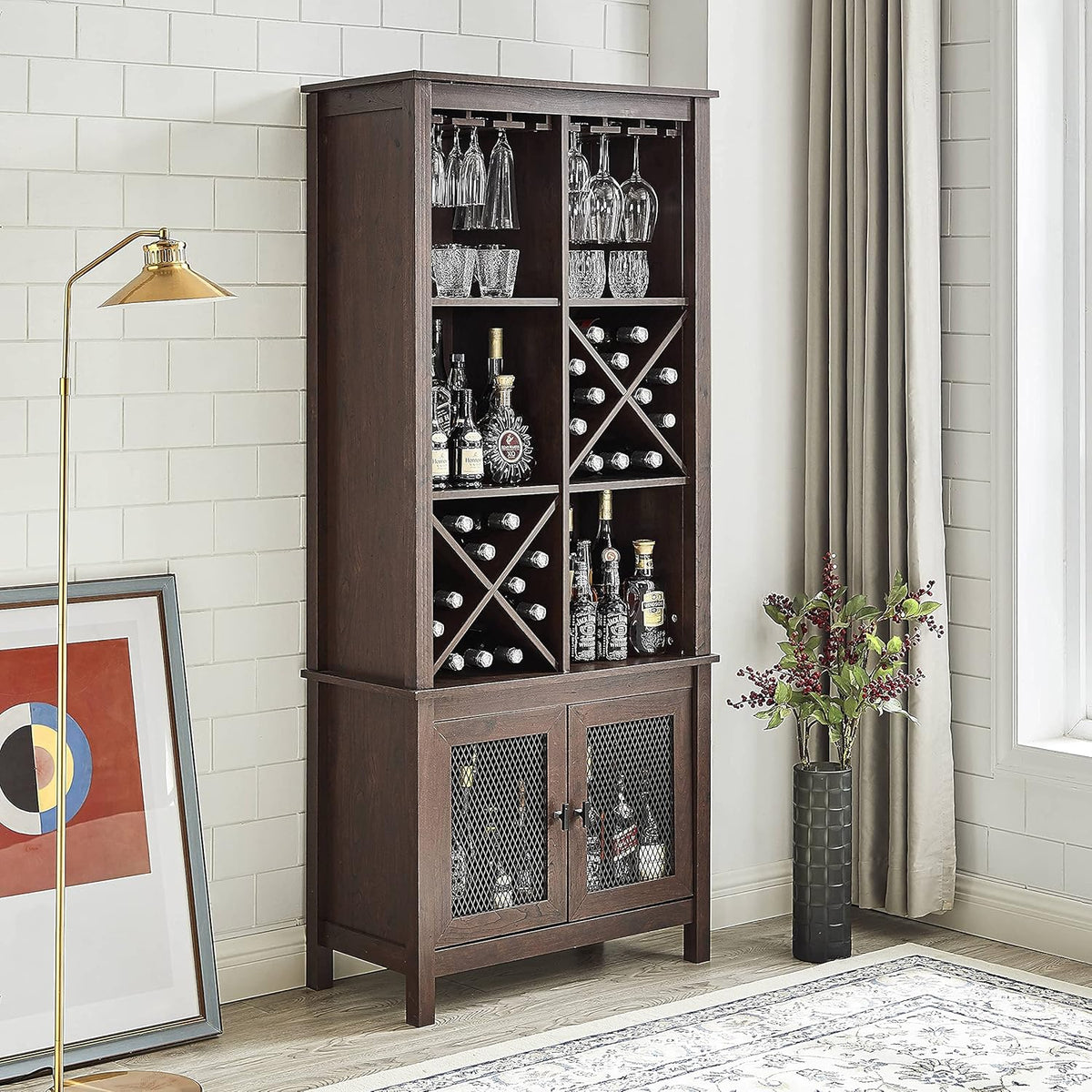 Mahogany Bar Cabinet Bookshelf with Wire Mesh Doors L4106