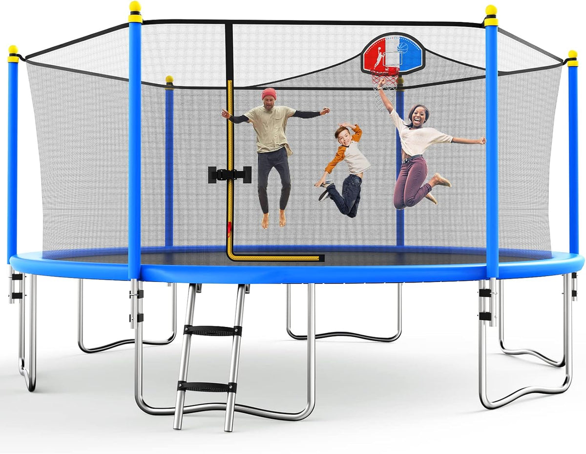 15FT Trampoline with Enclosure Net, Basketball Hoop and Ladder U1588