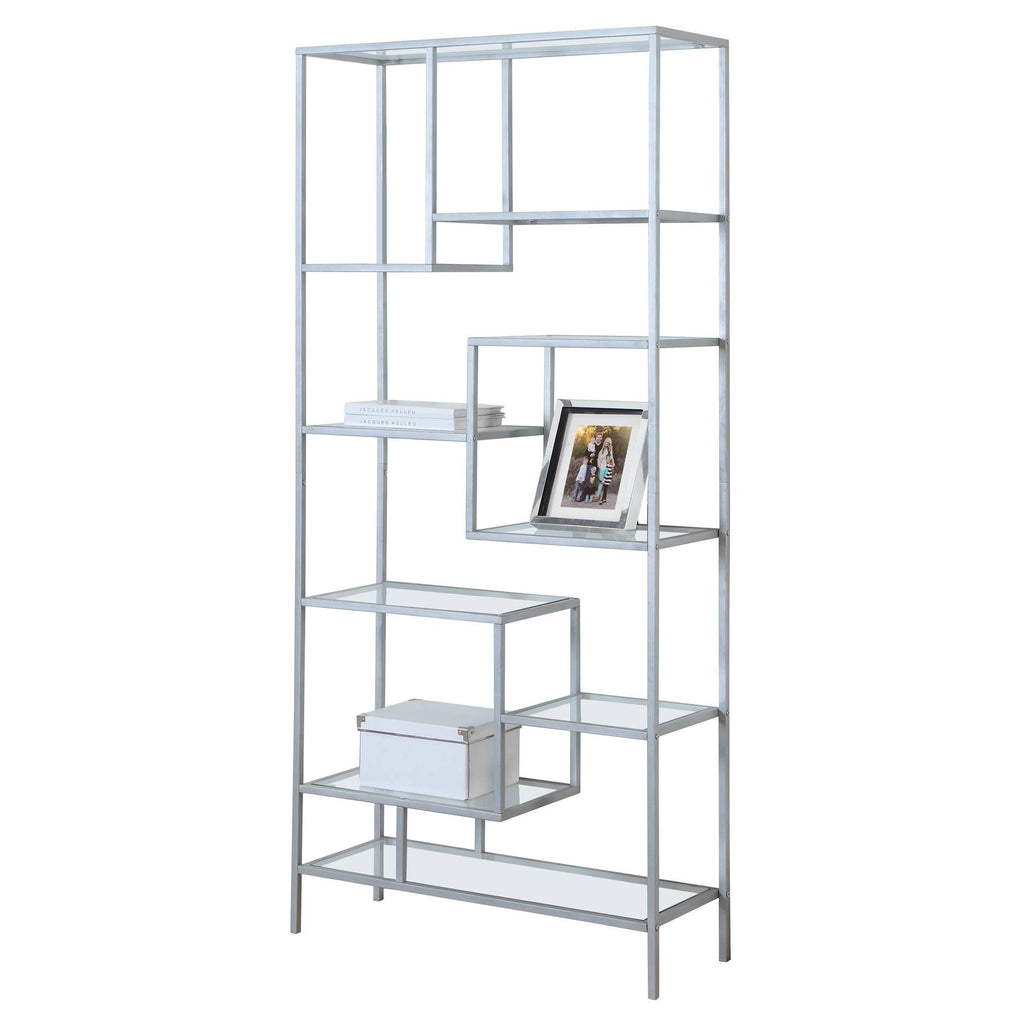 72x22H Silver Metal Bookcase with Tempered Glass Q9656