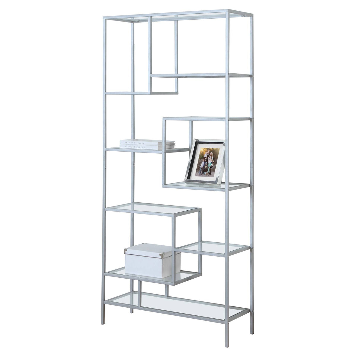72x22H Silver Metal Bookcase with Tempered Glass Q9656