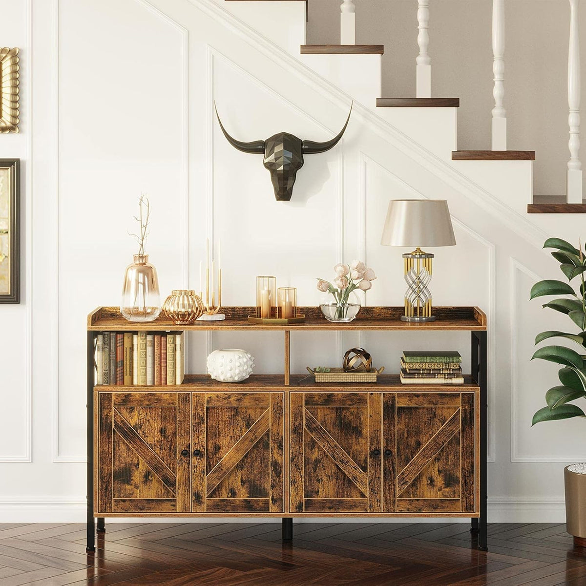 Rustic Brown 55Inch Console Table with Cabinet and Open Shelf B321
