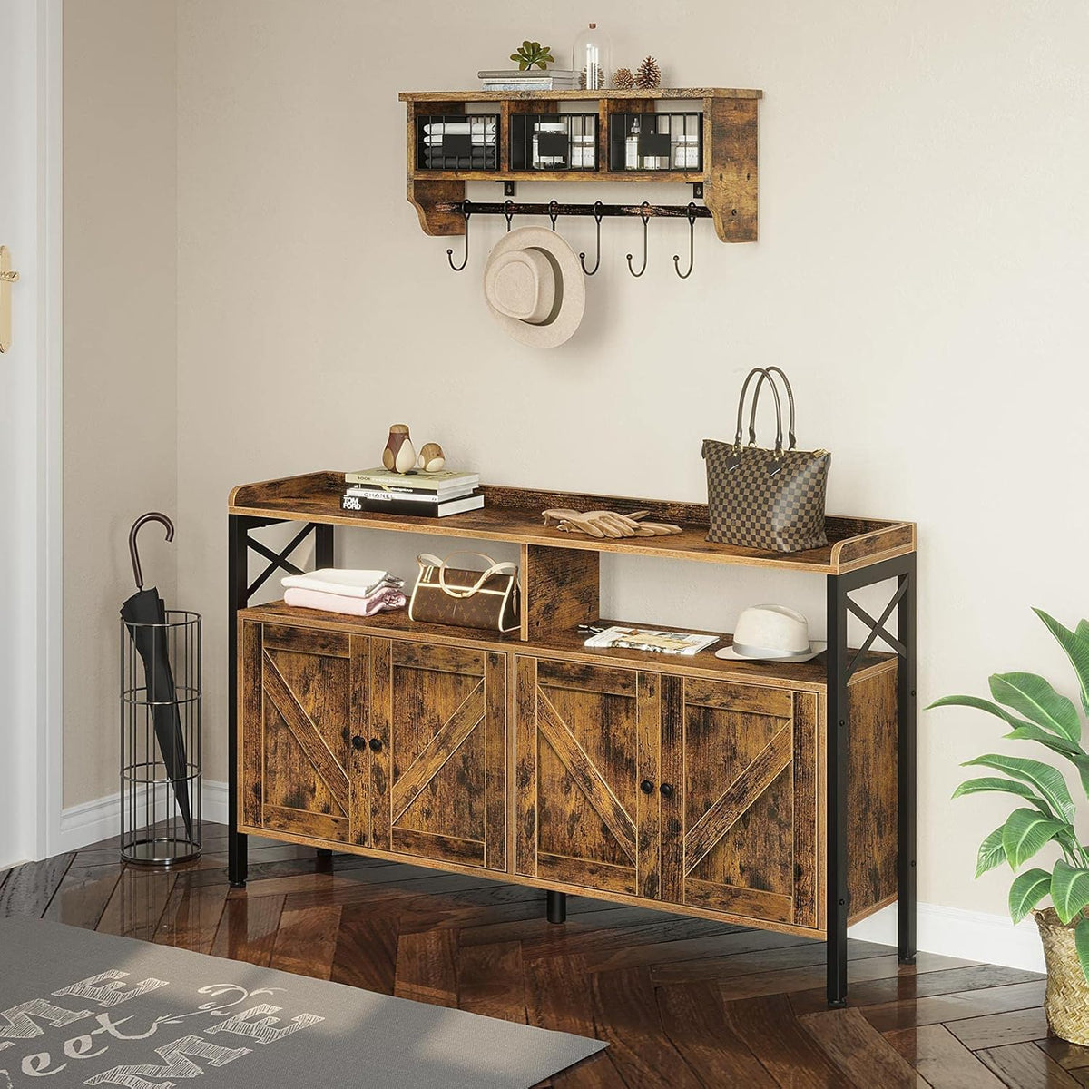 Rustic Brown 55Inch Console Table with Cabinet and Open Shelf B321