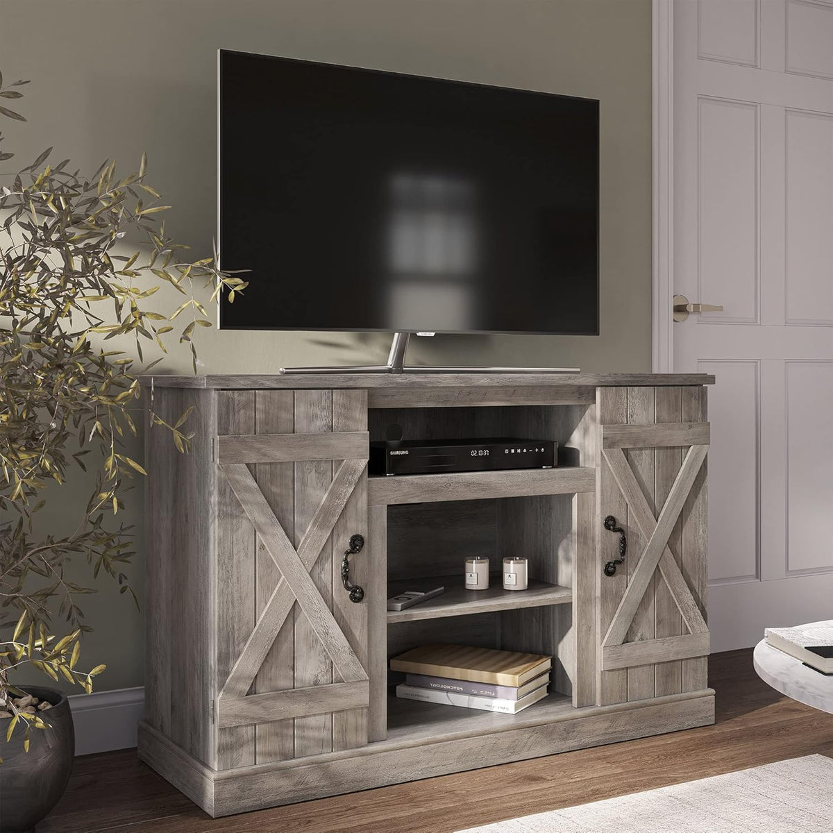 Industrial Electric Fireplace TV Stand with Open Storage Shelves L74166