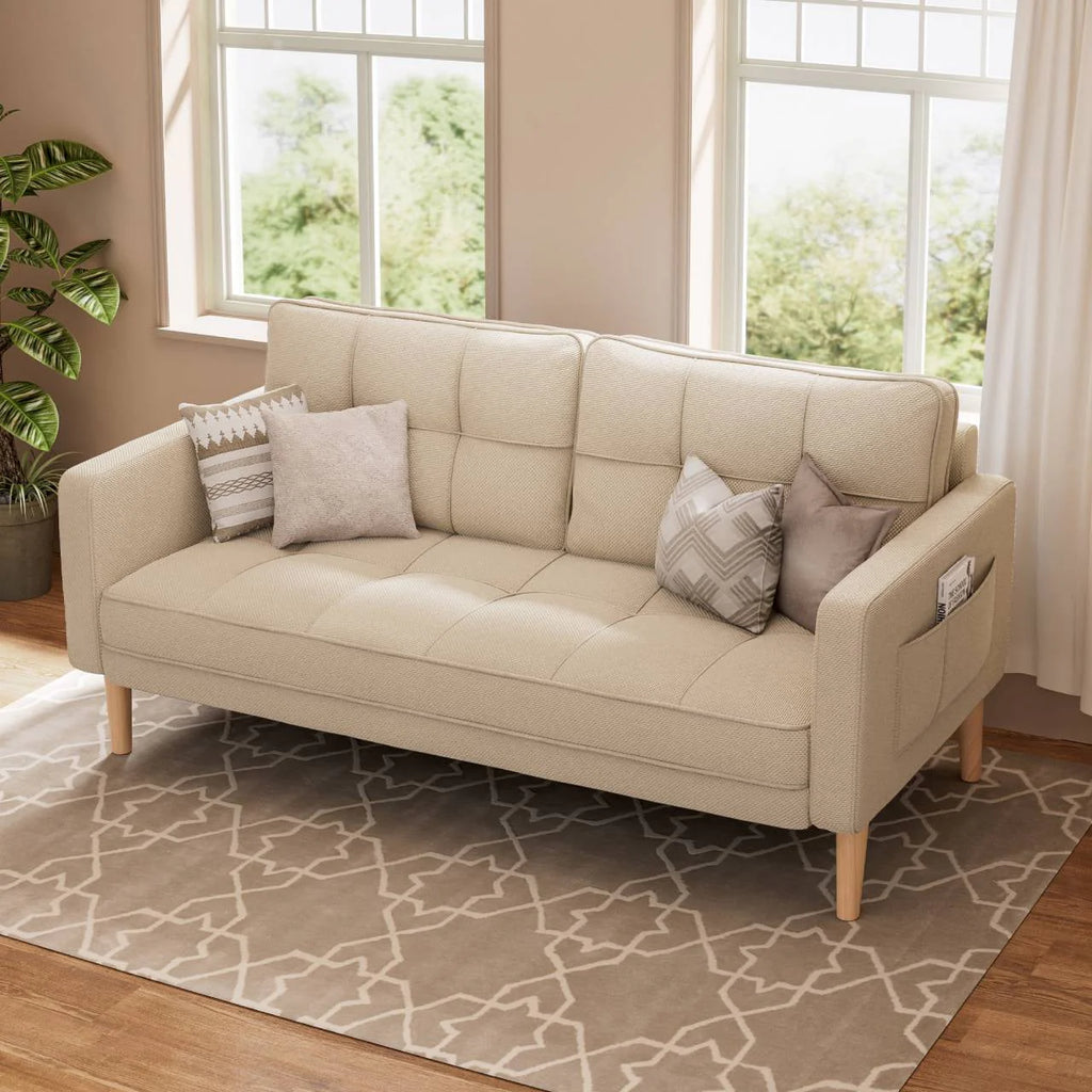 Beige Loveseat Sofa with Wood Legs H145