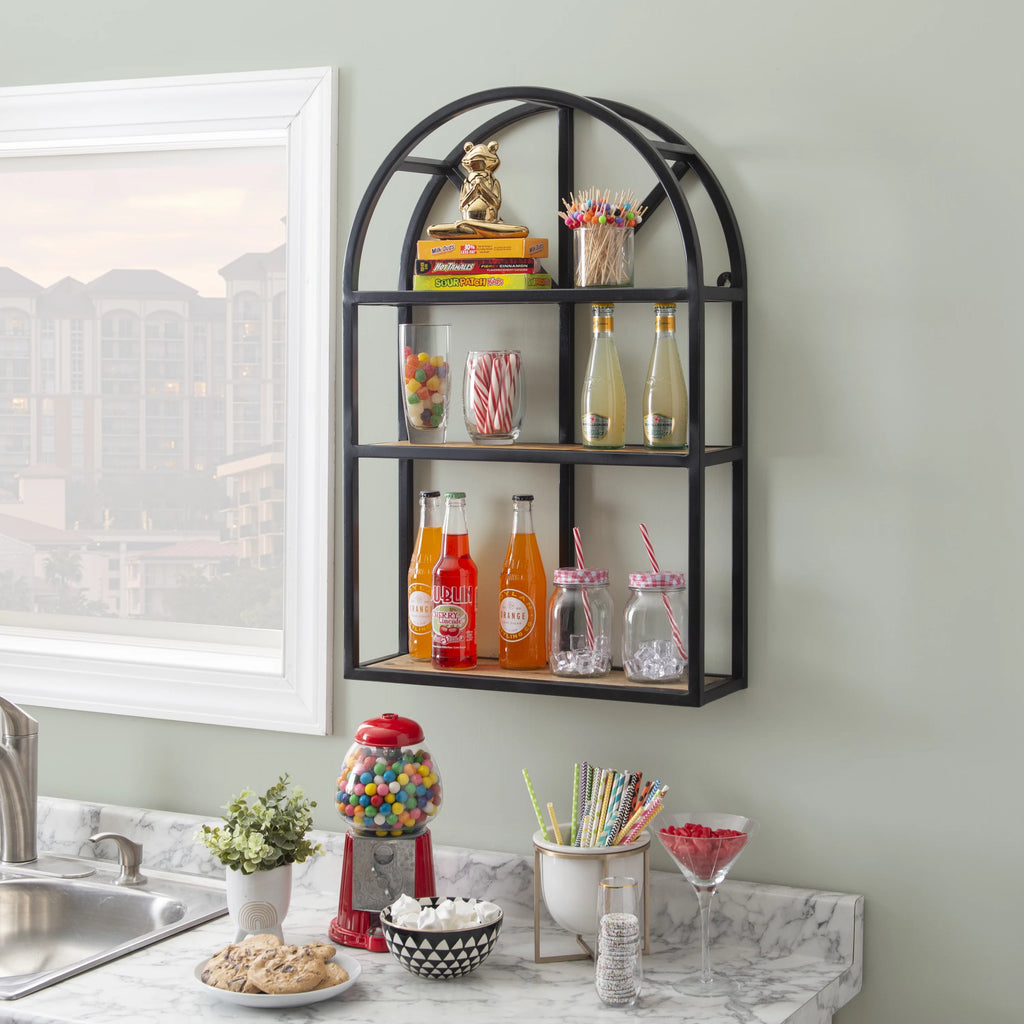 Black Metal Natural Mango Wood 3-Tier Wall Shelves L231