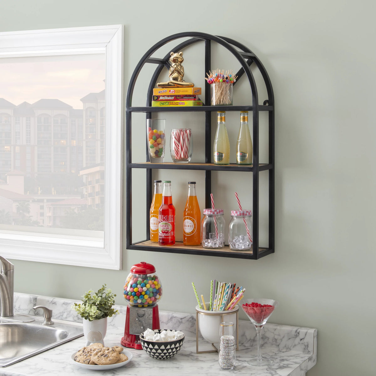Black Metal Natural Mango Wood 3-Tier Wall Shelves L231
