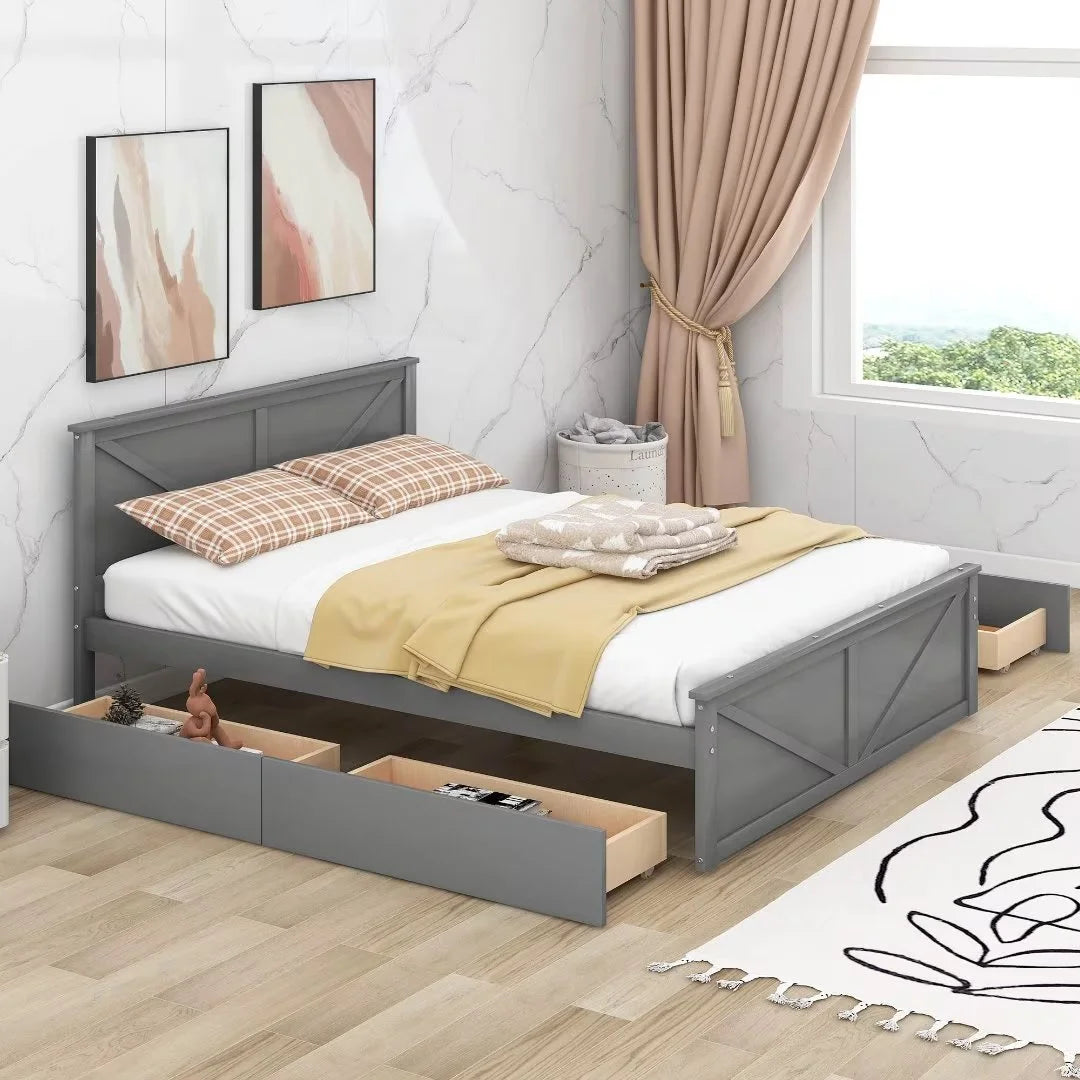 Queen Size White Wooden Platform Bed with 4 Storage Drawers J1170