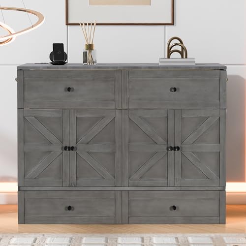 White Full Size Murphy Bed with USB Ports and Drawer Y713