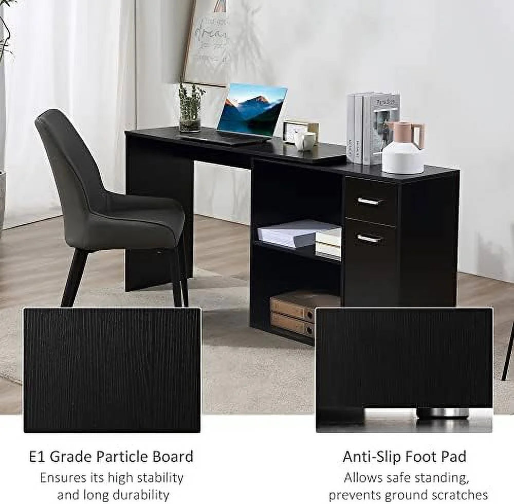 L Shaped Computer Desk with Shelves Drawer and Cabinet White E503