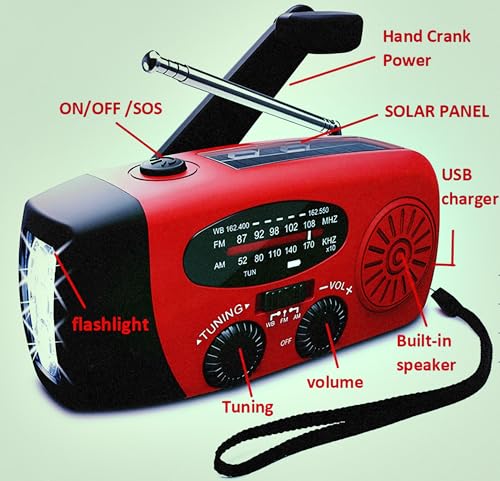 Portable Self-Powered AM/FM/NOAA Weather Radio with Solar & Hand-Crank Charging, LED Flashlight, USB Rechargeable, 2000mAh Power Bank B26922