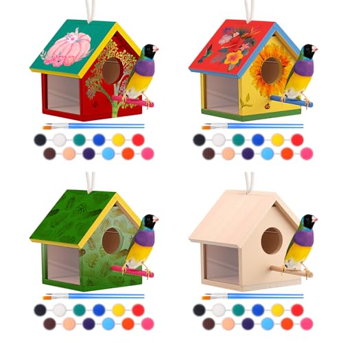 4 Set Wooden Birdhouse Kits with Lanyard and Post K474426