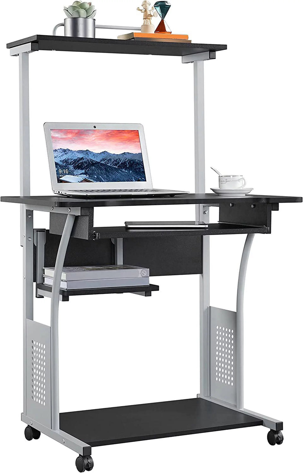 Black 2 Tier Rolling Computer Desk with Keyboard Tray T40974