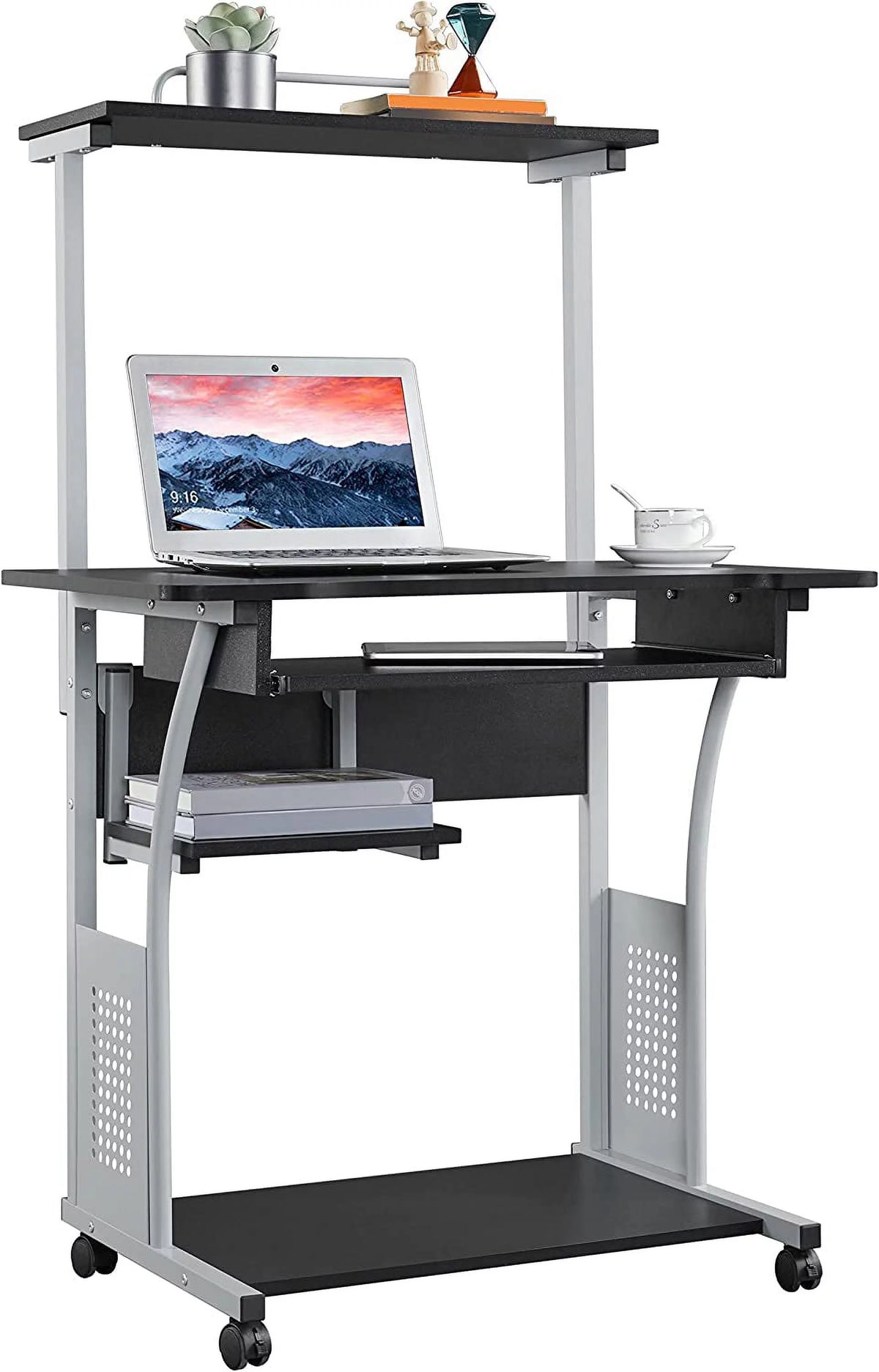 Black 2 Tier Rolling Computer Desk with Keyboard Tray T40974