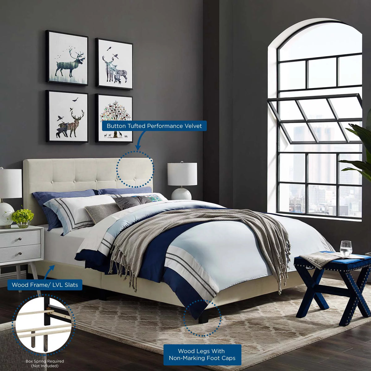 King Performance Velvet Bed in Ivory P322