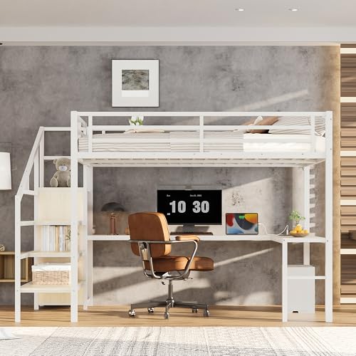 Queen Metal Loft Bed with Desk, Wardrobe, USB Ports, LED Lights, Shelves, White L86483