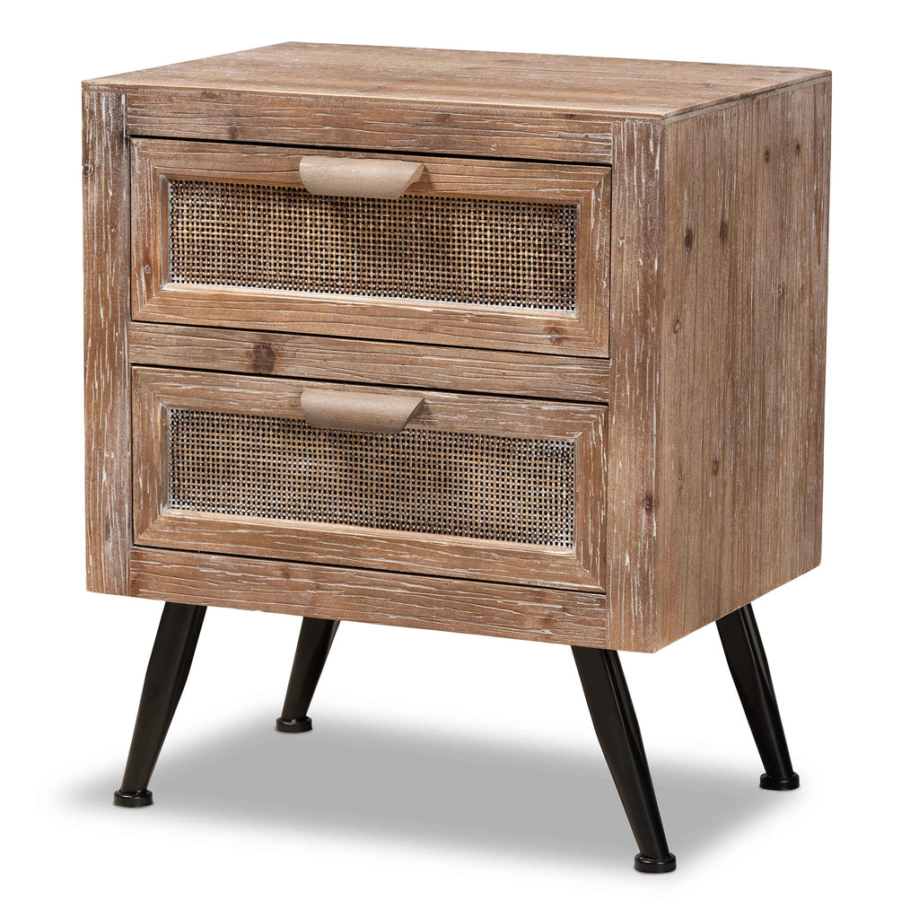 Whitewashed Natural Brown Wood and Rattan 2-Drawer End Table E327746