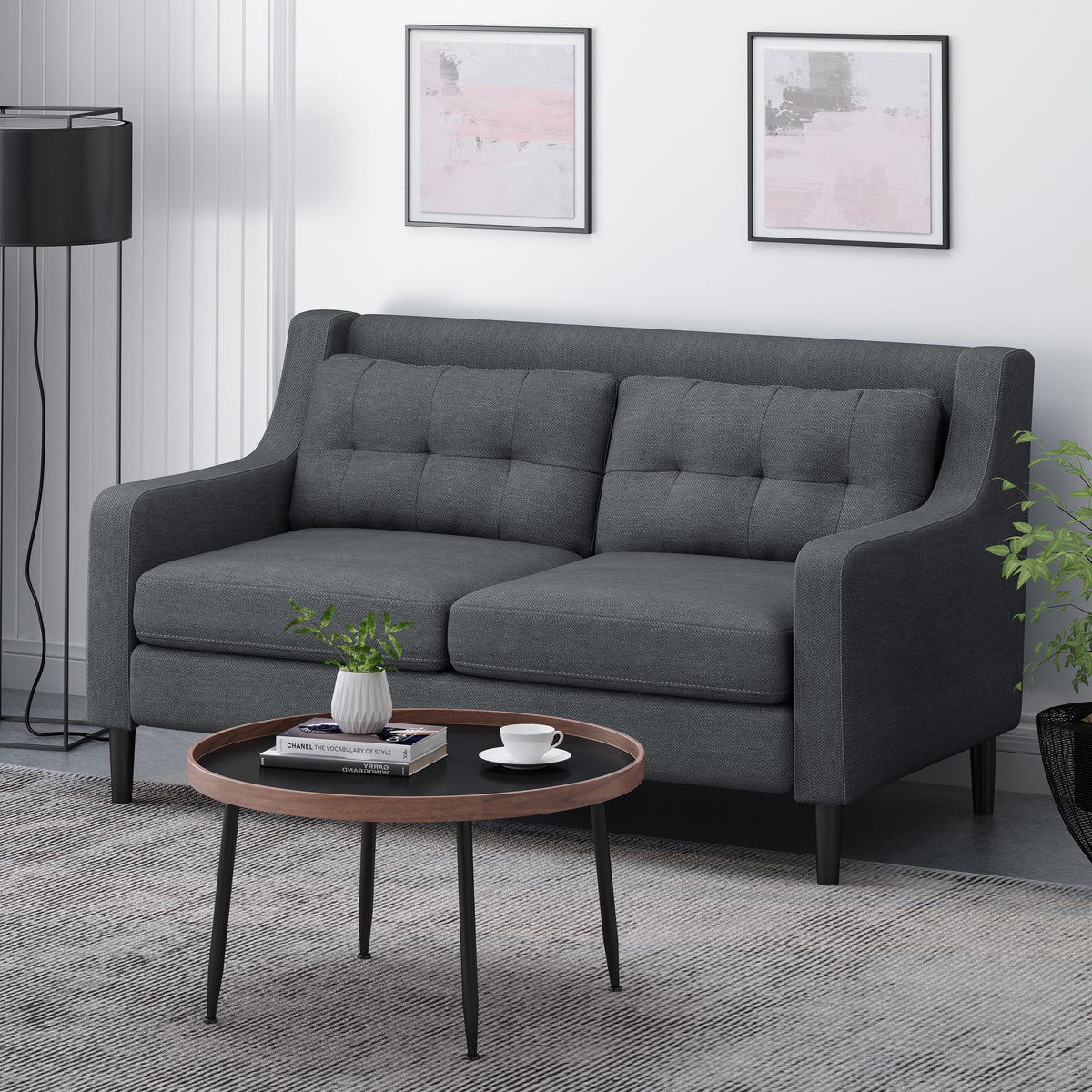 Charcoal Dark Brown Fabric Loveseat Q564