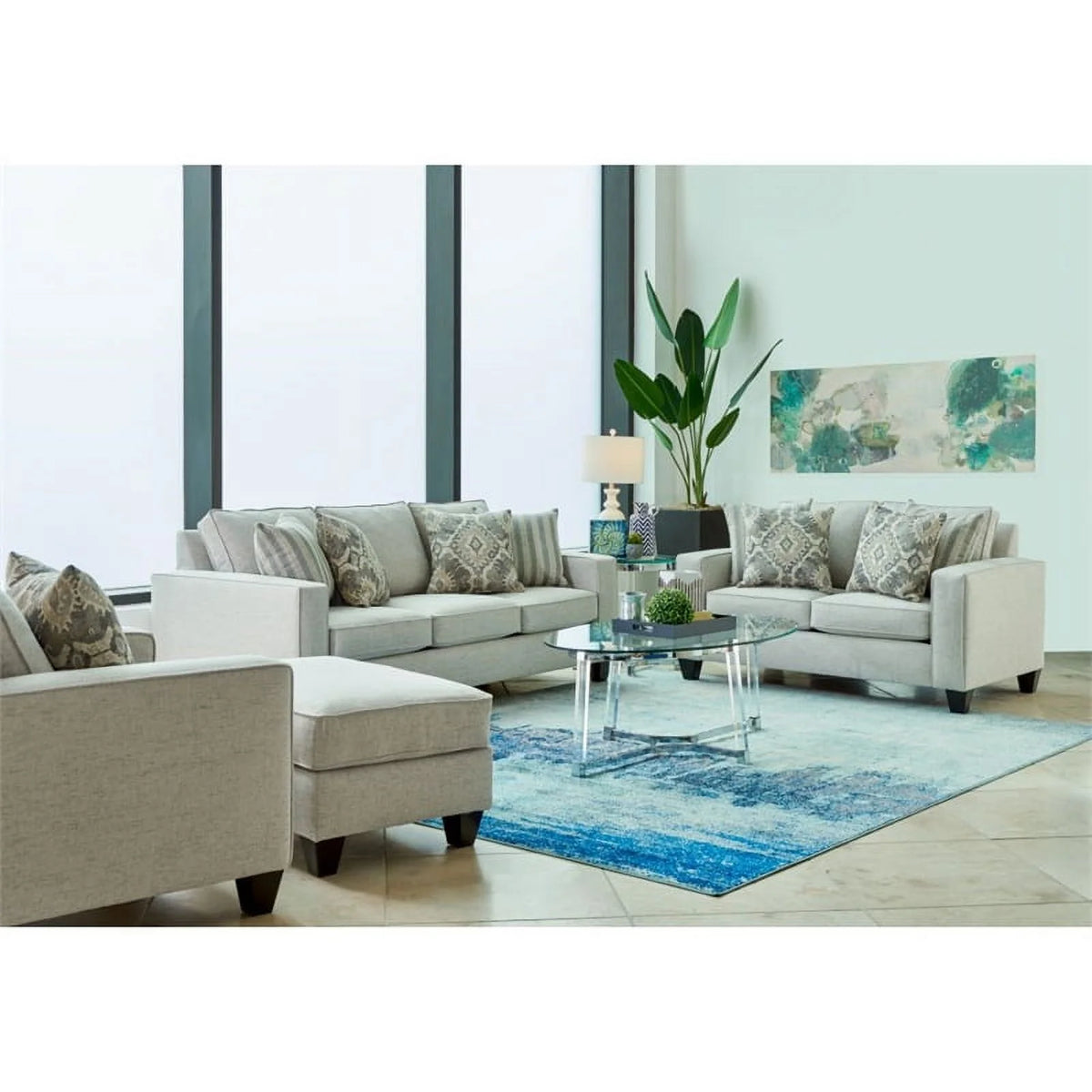 Beige Wood and Fabric Sofa U2076