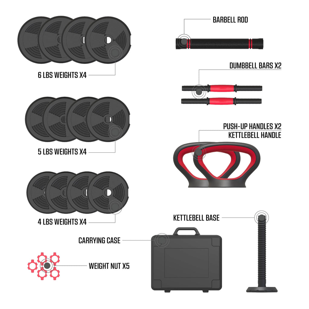 60 lbs Adjustable Dumbbell Barbell and Kettlebell Weight Set A529