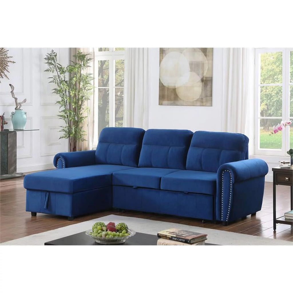 Blue Velvet Reversible Sleeper Sectional Sofa Chaise G74413