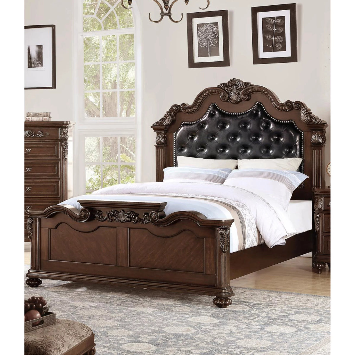 Black PU Tufted Wooden E.King Bed Dark Walnut Z162408