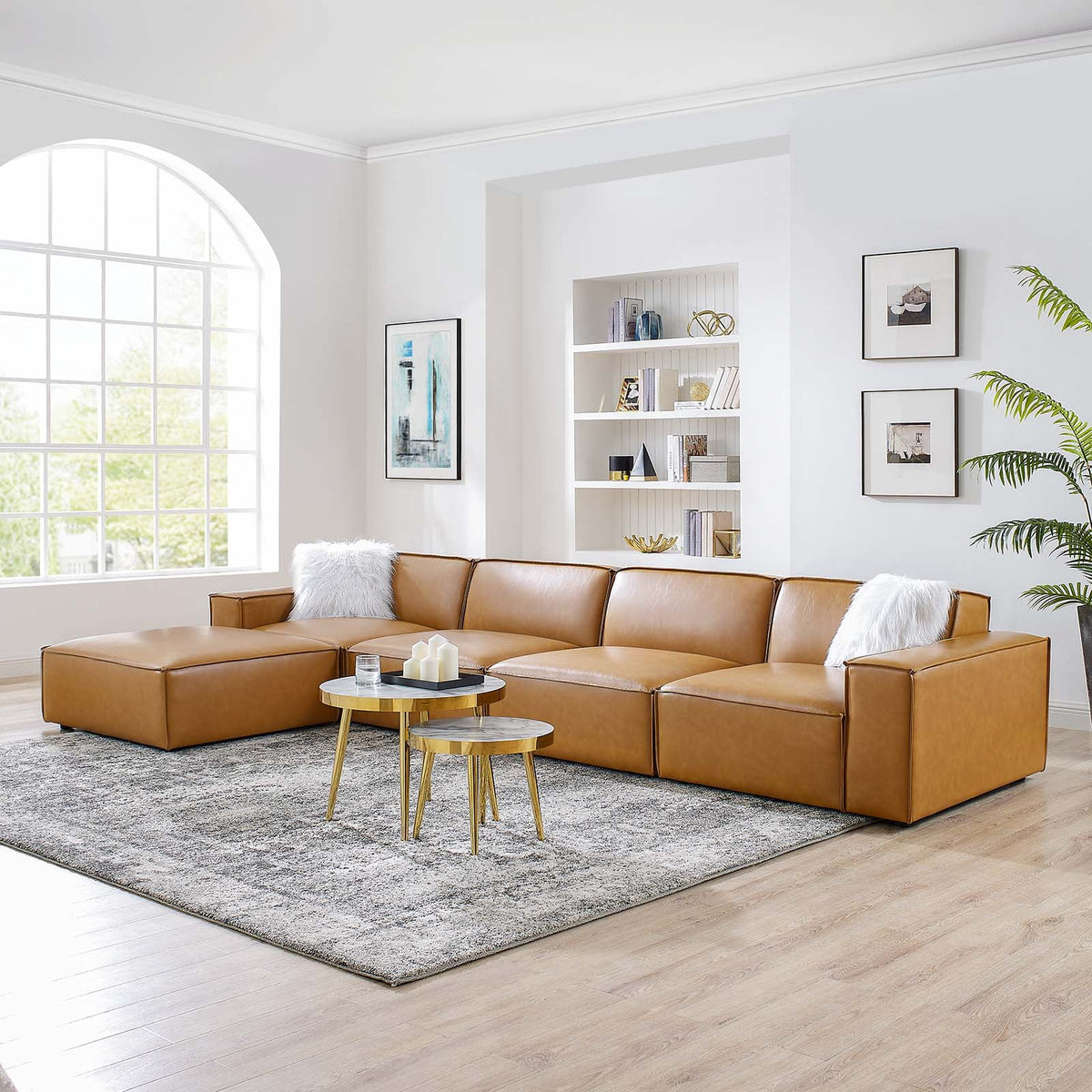5-Piece Vegan Leather Sectional Sofa in Tan Q7963