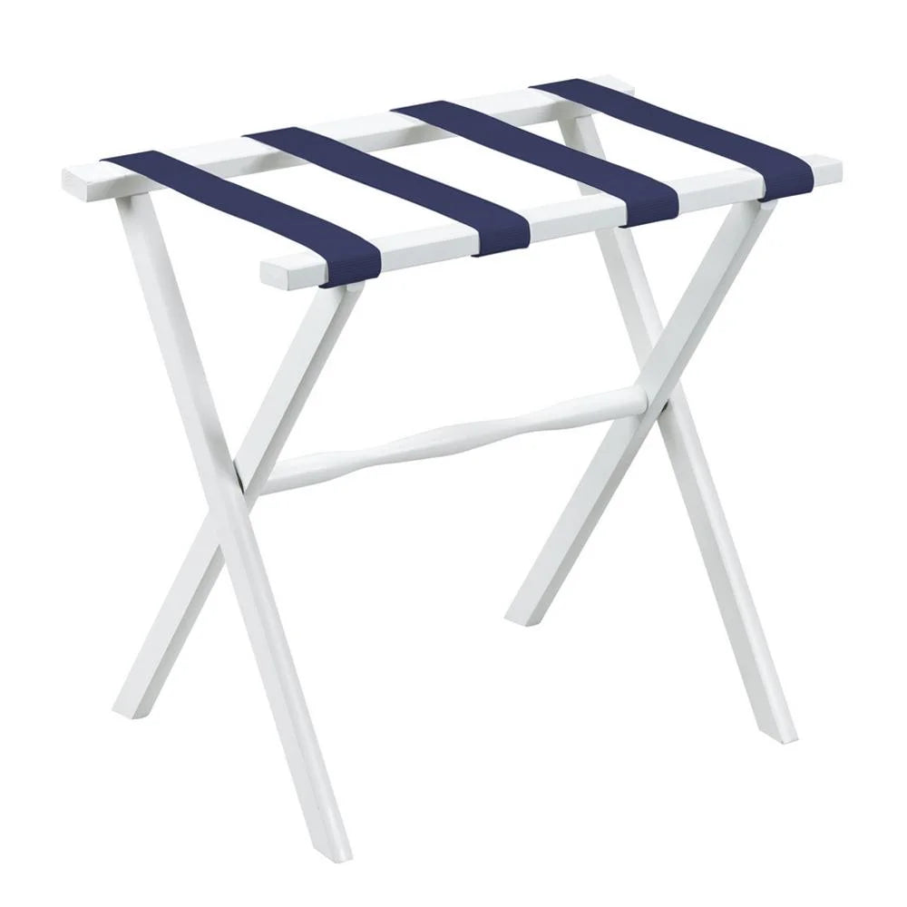 White Wood Luggage Rack with 4 Navy Nylon Straps X840
