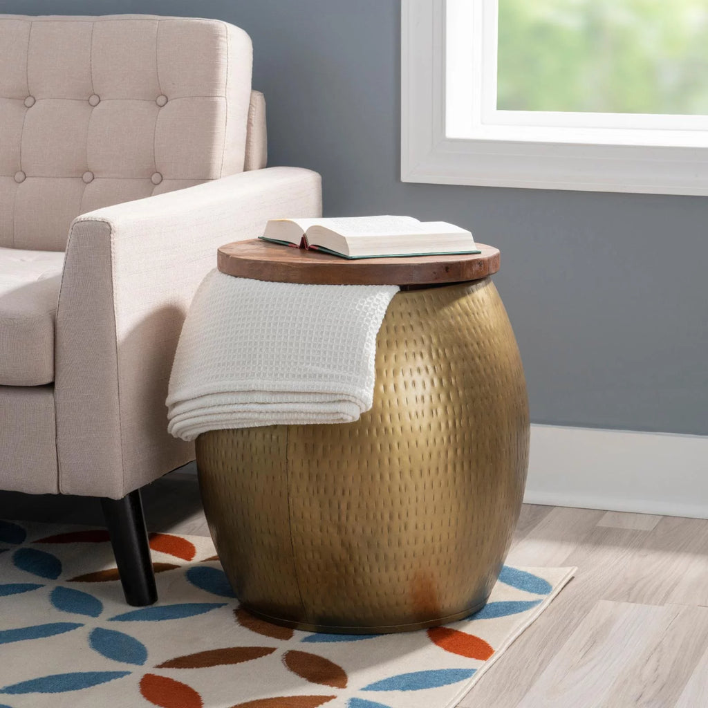 Gold Metal and Wood Storage Side Table U821615