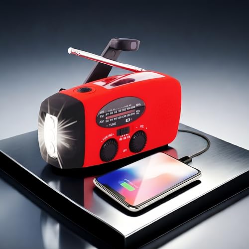 Portable Self-Powered AM/FM/NOAA Weather Radio with Solar & Hand-Crank Charging, LED Flashlight, USB Rechargeable, 2000mAh Power Bank B26922