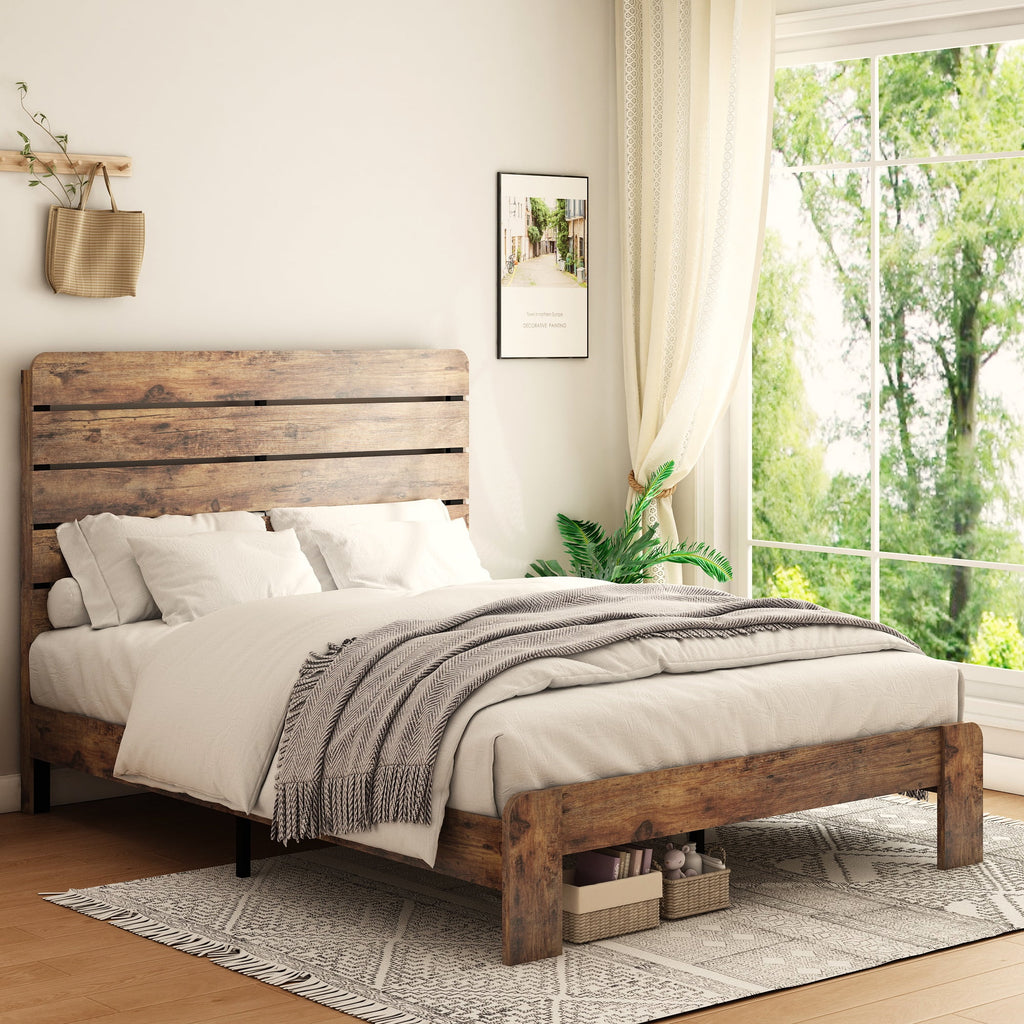Queen Size Dark Brown Wood Bed Frame with Headboard F496846