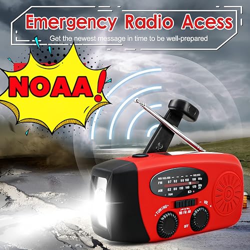 Portable Self-Powered AM/FM/NOAA Weather Radio with Solar & Hand-Crank Charging, LED Flashlight, USB Rechargeable, 2000mAh Power Bank B26922