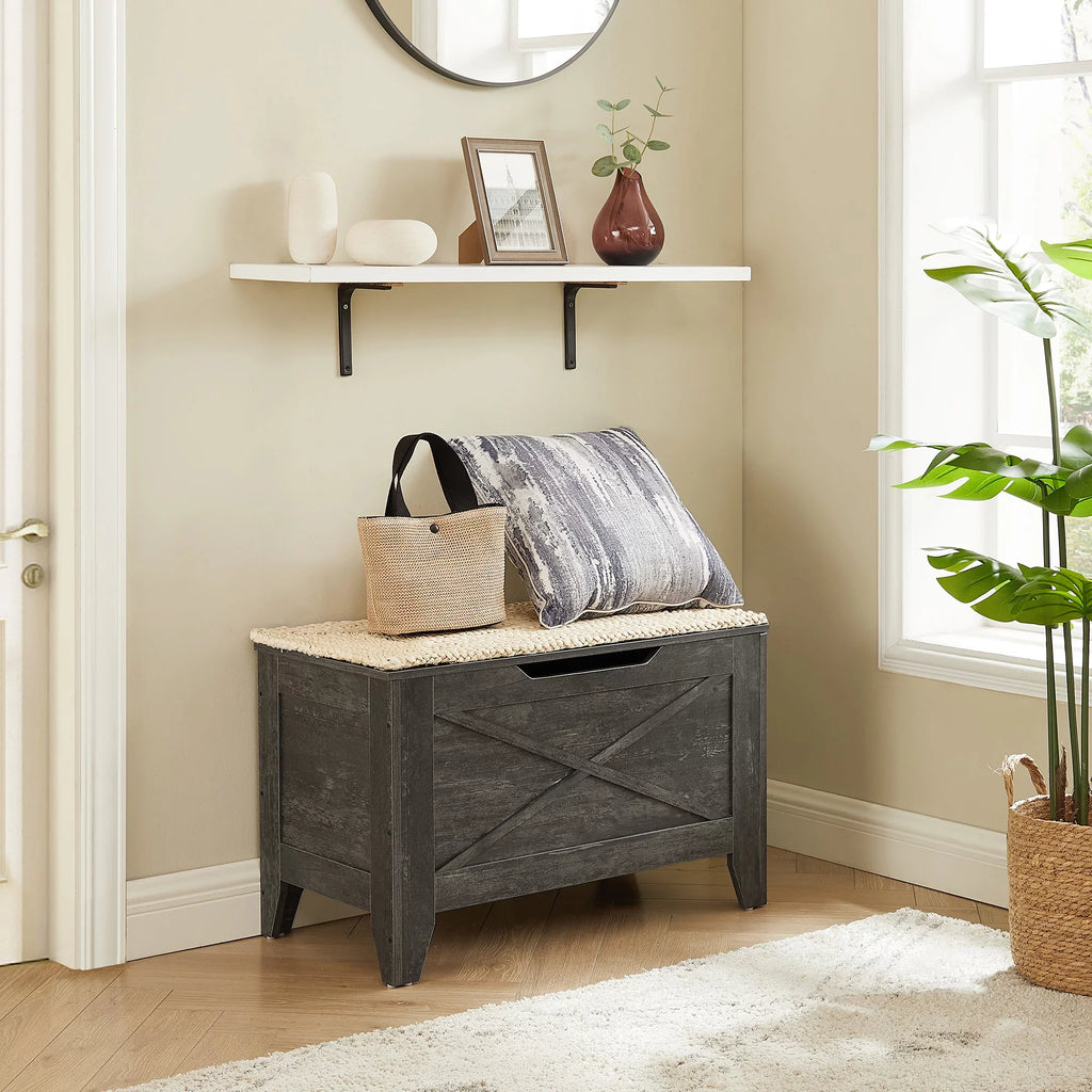 Charcoal Gray Storage Ottoman Bench with Safety Hinge Q682583