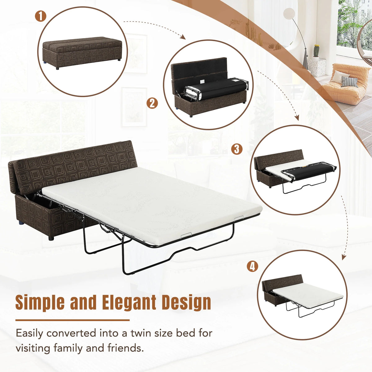 63" Folding Ottoman Sleeper Bed with Mattress, Black & Gray O286