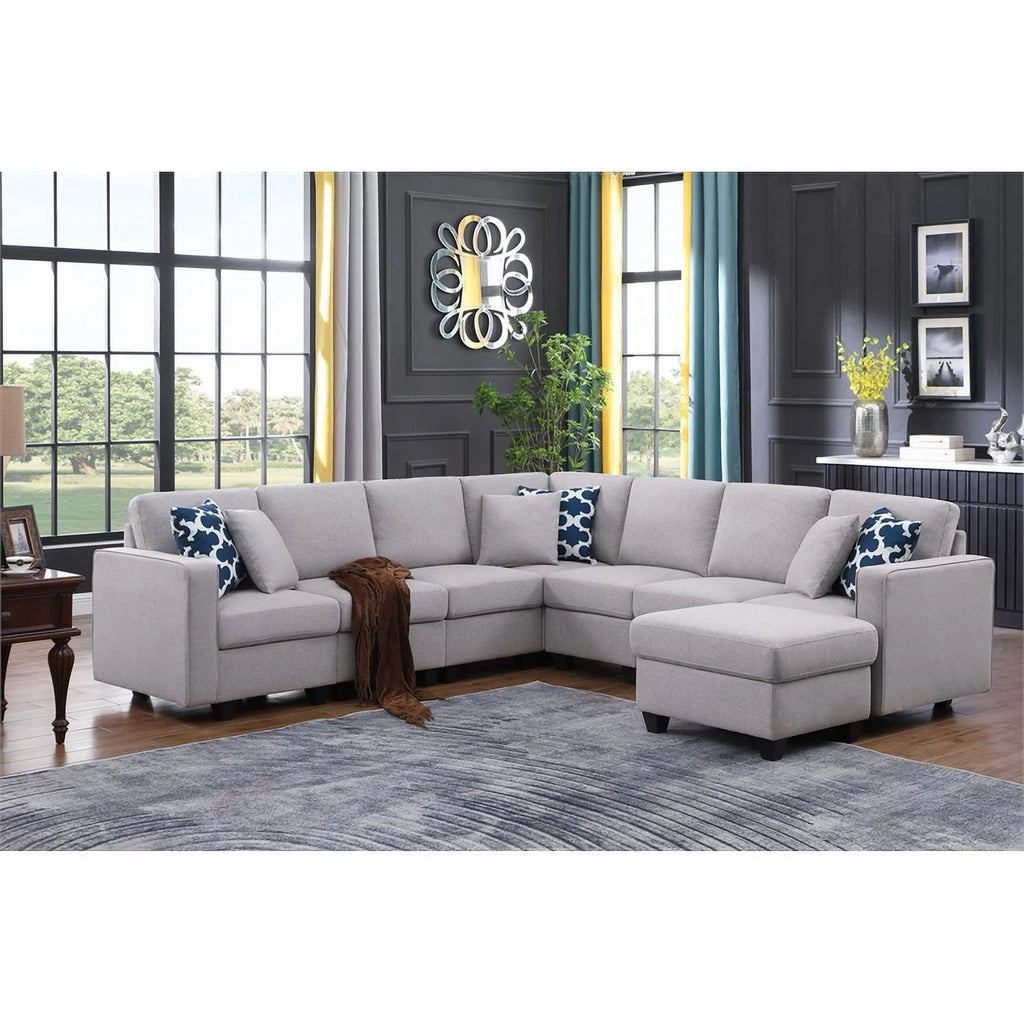 Light Gray Reversible Fabric Sectional Sofa with Ottoman Y115