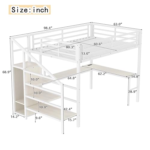 Queen Metal Loft Bed with Desk, Wardrobe, USB Ports, LED Lights, Shelves, White L86483
